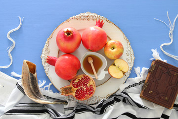 Rosh hashanah (jewish New Year holiday) concept. Traditional symbols.