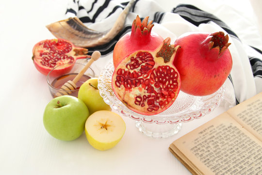 Rosh hashanah (jewish New Year holiday) concept. Traditional symbols.