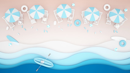 Obraz na płótnie Canvas Beach bed and water play equipment on the beach - Rubber Boat ,Surfboard , ball , beach umbrellas and life rings on blue tone - Artwork for Summer season - Paper cut or craft style - 3D illustration