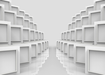 3d rendering. modern sqaure pattern on white cube boxes stack row wall background.