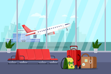 Airport terminal interior, vector illustration. Empty waiting lounge or departure hall with red chairs and luggage bags