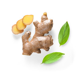 Ginger fresh with leaves Isolated on a white background