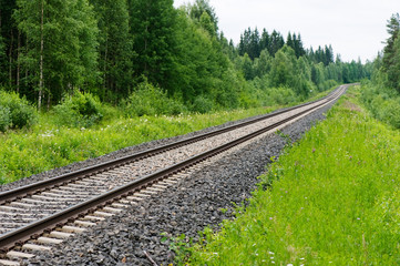 Railroad tracks leading through rural landscape.