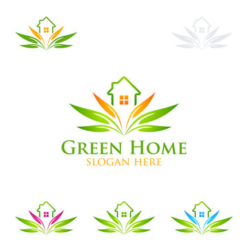 Green Home logo, Real Estate vector logo design with House and ecology shape, isolated on white background