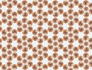 Beautiful Bitcoin Cryptocurrency Flowers Abstract Seamless Pattern  in Geometric Kaleidoscope Texture for Background, Backdrop, or Wallpaper.