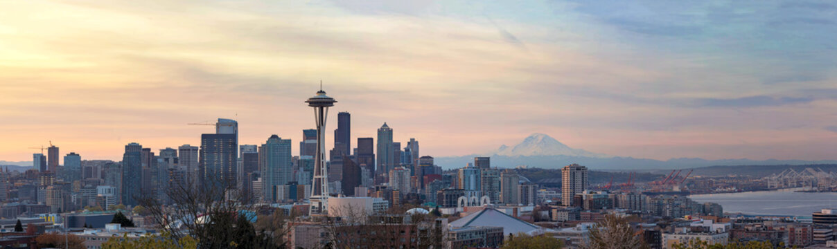 Seattle WA Skyline with Mount Rainier during Sunrise Panorama in Washington state USA