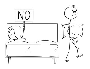 Cartoon stick drawing conceptual illustration of couple. Man offered sex or sexual intercourse, woman is rejecting and man is leaving bed with pillow in hand. Concept of relationship and sex life