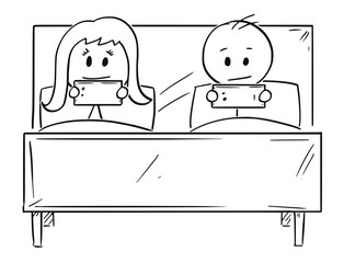 Cartoon stick drawing conceptual illustration of couple in bed, both man and woman are chatting on mobile smart phonee. Concept of social media and sex life and relationship problem.