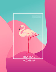 Obraz premium Tropical Vacation Layout with Flamingo Bird for Web, Landing Page, Banner, Poster, Website Template. Hello Summer Background for Mobile App, Social Media. Vector illustration