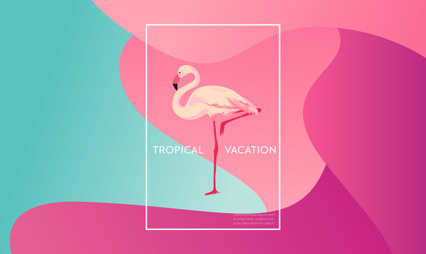 Tropical Vacation Layout with Flamingo Bird for Web, Landing Page, Banner, Poster, Website Template. Hello Summer Background for Mobile App, Social Media. Vector illustration