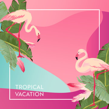 Tropical Vacation Layout with Flamingo Bird and Palm Leaves for Web, Landing Page, Banner, Poster, Website Template. Hello Summer Background for Mobile App, Social Media. Vector illustration