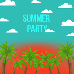 Bright vector illustration with coconut palms, sunset sky, clouds and text "summer party". Scene with blue sky and palm trees for invite to summer beach or pool party or for print, card, poster or bag