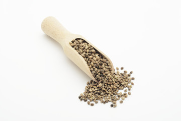 Semilla de cañamo en una cuchara de madera sobre fondo blanco