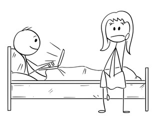 Cartoon stick drawing conceptual illustration of sad or depressed woman sitting on bed while man is working on notebook computer. Concept workaholism and relationship problem.