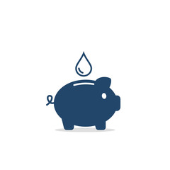 Water drop collected in piggybank. Save water concept design. Ecology awareness, environment protection, nature care. Vector isolated illustration in flat style