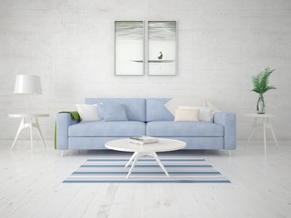 Mock up a perfect living room with a stylish compact sofa and a light hipster background.