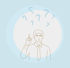 Man with the question is in thought or man wondering about many things.