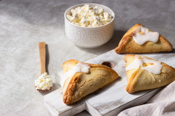 Pasties or buns with cottage cheese and powdered sugar glaze on a light background. Traditional Russian bun Sochnik. Selective focus. 