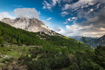 Fototapeta na wymiar Vista over valley in Julian Alps at Triglav mountain