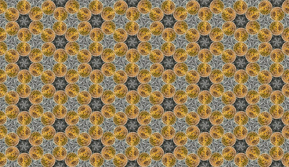 Illustration Art of Beautiful Illusion Kaleidoscope Seamless Pattern Designed From Gold Plastic Ribbon Bows for Textile, Background, Backdrop, or Wallpaper.