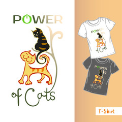  line t-shirt template.Three hand drawn funny cats and the inscription Exellent POWER OF CAT
