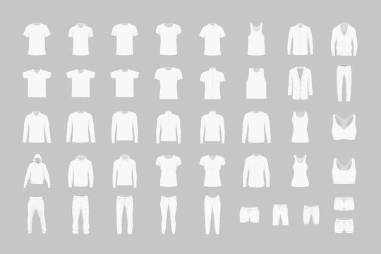 Set of white men's and women’s clothes. flat style. isolated on gray background