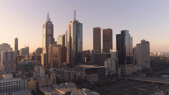 Melbourne, Victoria, Australia. Aerial shot of Melbourne downtown skyscrapers in sunset