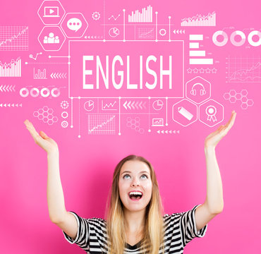 English with young woman reaching and looking upwards