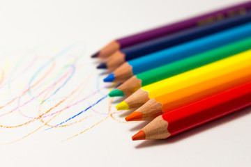 Color pencils on white background, rainbow colors