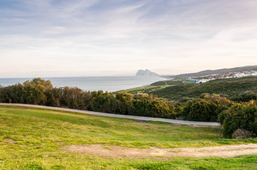 Beach and golf field in La Alcaidesa, Costa del Sol, Spain with Gibraltar in the horizon