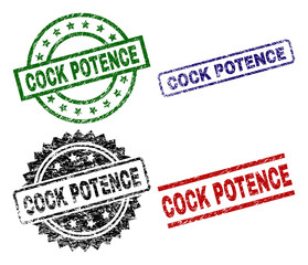 COCK POTENCE seal stamps with corroded surface. Black, green,red,blue vector rubber prints of COCK POTENCE label with scratched surface. Rubber seals with round, rectangle, rosette shapes.