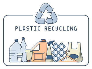 Plastic recycling illustration with trash and lettering. Linear style vector illustration. EPS10