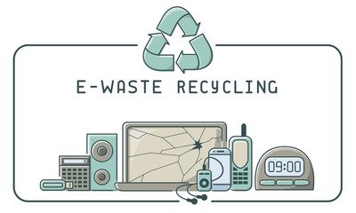E-waste recycling icons set with electronics trash and lettering. Linear style vector illustration. EPS10 - obrazy, fototapety, plakaty