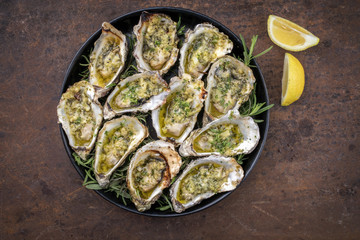 Gegrillte überbackene frisch geöffnete Austern mit Knoblauch und Kräutern als Draufsicht auf einem Teller