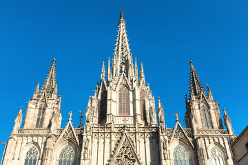 Fototapeta na wymiar Facade of gothic Cathedral Of Barcelona in Spain