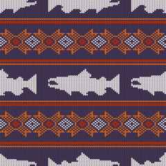 Knitted seamless pattern with Norwegian salmon