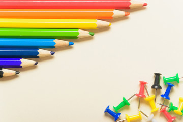 School accesories lie on table. Top view