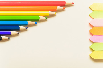 School accesories lie on table. Top view