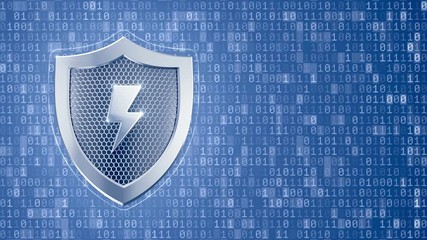 System Under Protection. Metallic shield pictured in techno style on digital background formed from binary code. Motion graphics on the subject of 'Cybersecurity'.