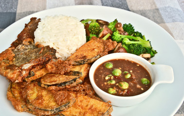 spicy shrimp pate with rice and Eggplant fried egg set (Thai name is Nam Prik kapi)..Thai food menu set.