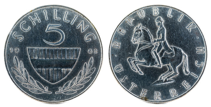 Old silver coin of Austria. 5 Schilling. 1962.