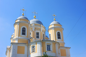 Saint Vladimir's Orthodox Cathedral in Donwtown St. Petersburg, Russia. Neoclassical Architecture of Old Russian Church on Summer Day, Low Angle View  with Empty Blue Sky Background and Copy Space. 