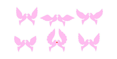 Six pairs of pink kissing pigeons with their wings wide open. Vector illustration