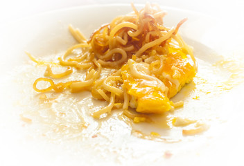 A plate of food, pasta, yellow egg