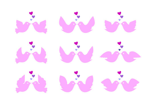 Nine pairs of pink kissing birds with wide wings and hearts. Vector illustration
