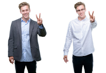 Young handsome blond business man wearing different outfits showing and pointing up with fingers...