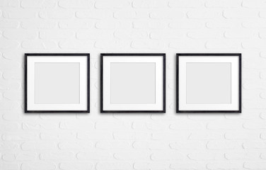 Photo frames collage on white bricks wall, interior decor mockup, 3d illustration