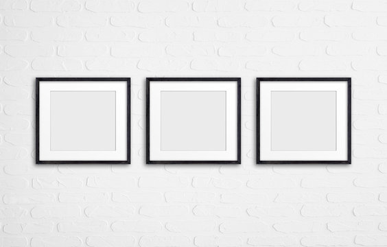 Photo frames collage on white bricks wall, interior decor mockup, 3d illustration
