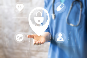 Doctor pushing lock security pointer healthcare network on virtual panel medicine.