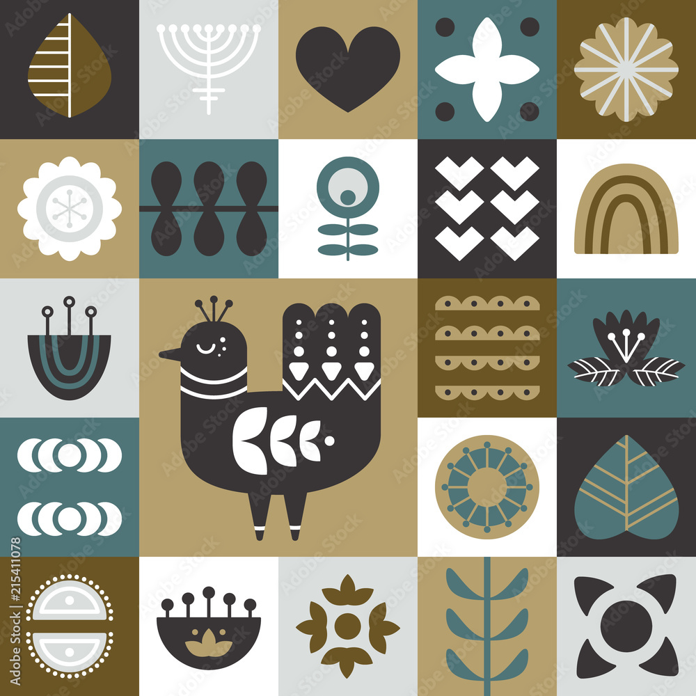 Poster geometric folk art background. seamless pattern with bird and decorative elements. nordic style. vec